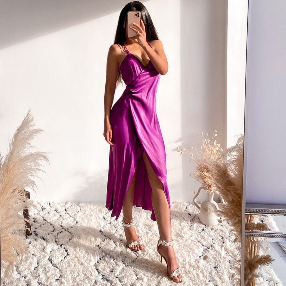 ZARA Purple Satin KNOTTED SLIP DRESS Small NWT